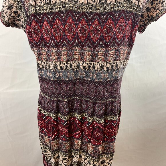 Soft Surroundings Smocked Dress 1X Maroon Cream Blue Mandala Print Short Sleeve - Picture 13 of 16